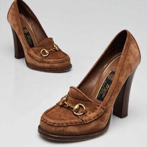 Gucci Brown Suede Alyssa High Heel Loafers Size 5.5/36